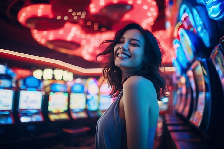 Pemain slot online memegang ponsel dengan latar belakang neon dan transisi cahaya